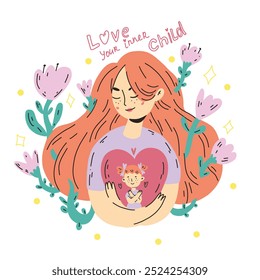 Vector illustration with a caring inner child with a woman embracing a heart, symbolizing love and positive mental health. Includes flowers, stars conveying therapy