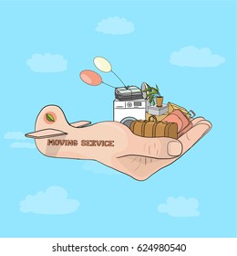 Vector illustration of caring moving to a new place on the hand-plane. The careful organization of the move.