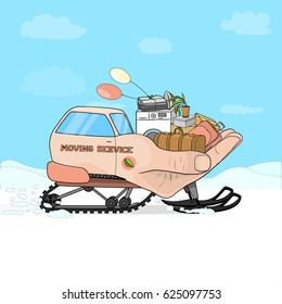 Vector illustration of a caring, nurturing moving to a new place on a hand-snowmobile. Careful organization of the move.
