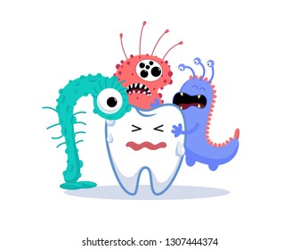 
Vector illustration of carious bacteria. Molar tooth attacked by evil viruses