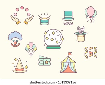 Vector illustration of a  carnival and amusement park elements. Contains such as  circus, magic, party, festival, decoration, fair and more.