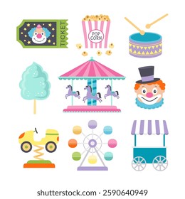 vector illustration of carnival amusement, set of cute cartoon circus elements ticket, popcorn, cotton candy, drum and clown, carnival carousel on festival amusement park