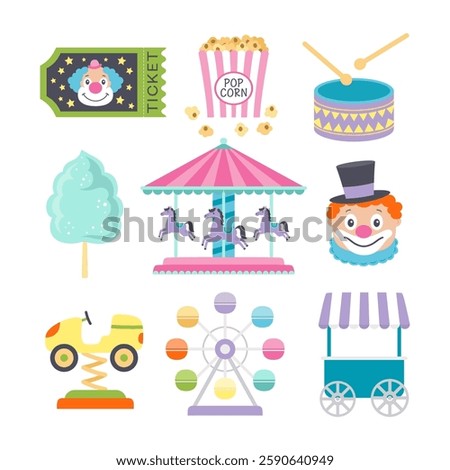 vector illustration of carnival amusement, set of cute cartoon circus elements ticket, popcorn, cotton candy, drum and clown, carnival carousel on festival amusement park