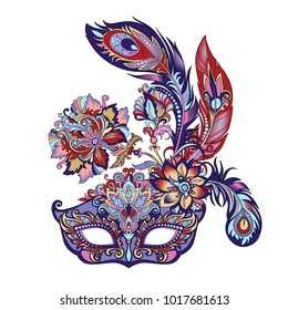 vector illustration of a carnival blue mask for theater and festivals, colorful bright Venetian mask decorated with flowers and feathers on a white background for design