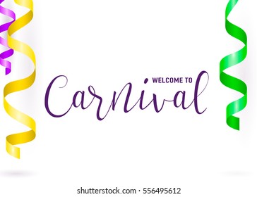 Vector illustration of carnival card with purple yellow green serpentine and text lettering sign isolated on white background