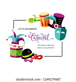 Vector illustration with carnival and celebratory objects isolated on white background. Template for carnival, invitation, poster, flayer, funfair. Square frame with space for your text.