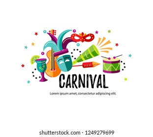 Vector illustration with carnival and celebratory objects. Template for carnival, invitation, poster, flayer, funfair.