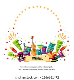 Vector illustration with carnival and celebratory objects. Template for carnival, invitation, poster, flayer, funfair. Flat style.