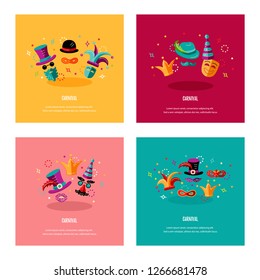Vector illustration with carnival and celebratory objects. Template for carnival, invitation, poster, flayer, funfair. Flat style.
