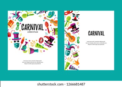 Vector illustration with carnival and celebratory objects. Template for carnival, invitation, poster, flayer, funfair. Flat style.