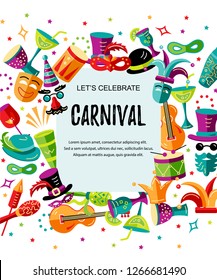 Vector illustration with carnival and celebratory objects. Template for carnival, invitation, poster, flayer, funfair. Flat style.