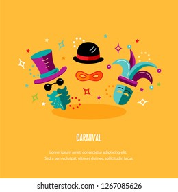 Vector illustration with carnival and celebratory objects. Template for carnival, invitation, poster, flayer, ticket, funfair. Flat style.