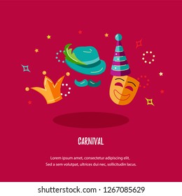 Vector illustration with carnival and celebratory objects. Template for carnival, invitation, poster, flayer, ticket, funfair. Flat style.