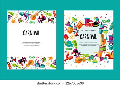 Vector illustration with carnival and celebratory objects. Template for carnival, invitation, poster, flayer, ticket, funfair. Flat style.