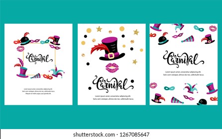 Vector illustration with carnival and celebratory objects. Handwritten lettering Carnival. Template for carnival, invitation, poster, ticket, flayer, funfair. Flat style.