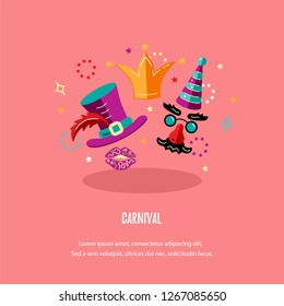 Vector illustration with carnival and celebratory objects. Template for carnival, invitation, poster, flayer, ticket, funfair. Flat style.