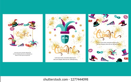 Vector illustration with carnival and celebratory objects. Handwritten lettering Carnival. Template for carnival, invitation, poster, ticket, flayer, funfair. Flat style.