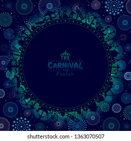 Vector illustration of the carnival funfair design with fireworks background. 