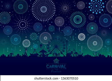 Vector illustration of the carnival funfair design with fireworks background. 