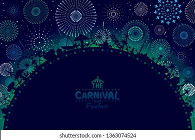 Vector illustration of the carnival funfair design with fireworks background. 