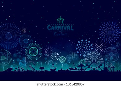 Vector illustration of the carnival funfair design with fireworks background. 
