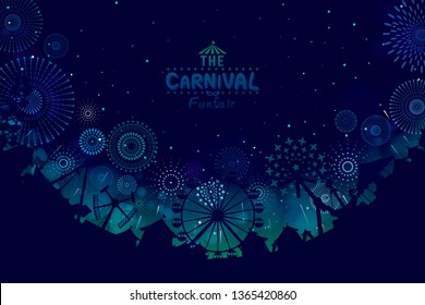 Vector illustration of the carnival funfair design with fireworks background. 