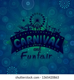 Vector illustration of the carnival funfair design with fireworks background. 