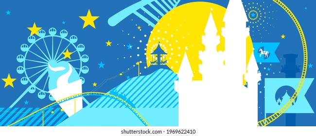Ilustración vectorial del diseño de la feria de carnaval con fondo de atracciones del parque de atracciones.