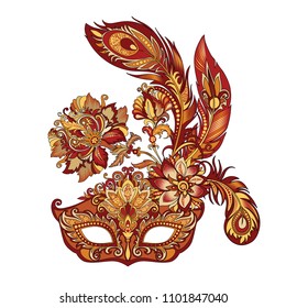 vector illustration of carnival golden mask for theater and festivals, colorful bright Venetian mask decorated with flowers and feathers on a white background for design