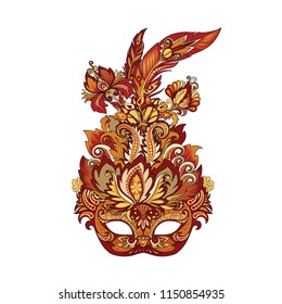 vector illustration of carnival golden mask for theater and festivals, colorful bright Venetian mask decorated with flowers and feathers on a white background for design