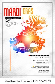 Vector illustration of carnival mask with feathers, on white background for Mardi Gras Party, with text mardi gras, flyer,banner, poster, card, invitation card