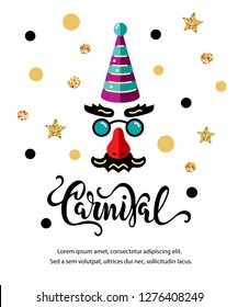 Vector illustration with carnival mask. Handwritten lettering Carnival. Template for carnival, invitation, poster, flayer, birthday, ticket, funfair. Flat style.