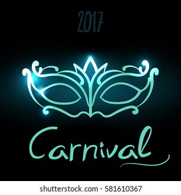 Vector illustration Carnival mask masquerade background poster, turquoise lettering, wordsmith.