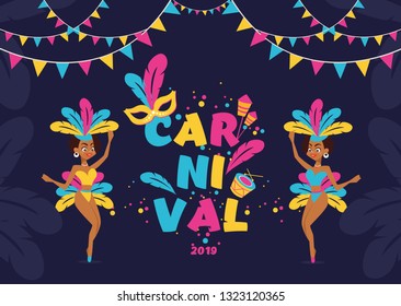 Vector illustration of the carnival - the most popular festive event in Brazil. Carnival, masks, musical instruments, fireworks, dancing.