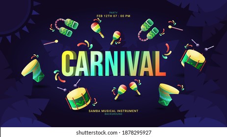 Vector Illustration of Carnival Text Effect Surrounded With Samba Musical Instruments