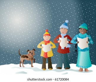 vector illustration of carol singers in the snow with their pet dog in eps10 format