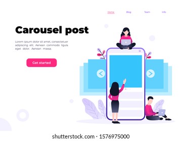 Vector illustration with carousel post. Landing page template with smartphone screen and small people with laptop around it.