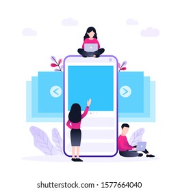 Vector illustration with carousel post. Landing page template with smartphone screen and small people with laptop around it.