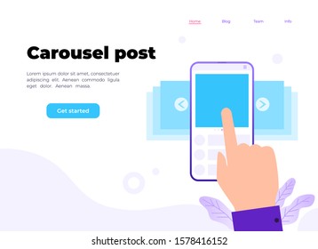 Vector illustration with carousel post. Landing page template with finger touching smartphone screen. Concept illustration of mobile interface