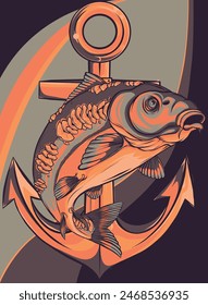 vector illustration of carp fish with anchor