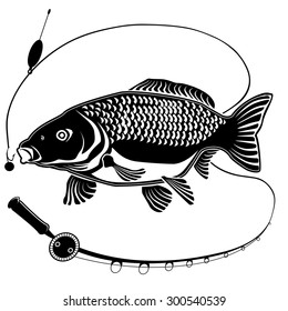 Vector illustration of carp fish with fishing rod. Vector illustration can be used for creating logo and emblem for fishing clubs, prints, web and other crafts.

