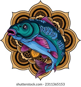 vector illustration of carp fish on Mandala round pattern