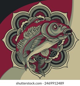 vector illustration of carp fish on Mandala round pattern