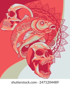 vector illustration of carp fish with skulls