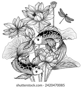 Vector illustration of a carp fish surrounded by lotus flowers in engraving style