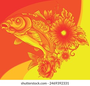 vector illustration of carp and flowers design