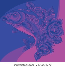 vector illustration of carp with roses on white background