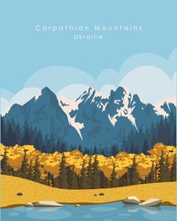 Vector Illustration. Carpathian Mountains, Ukraine, Autumn. Design For Poster, Banner, Travel Guide, Book Illustration.