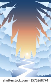 Vector illustration. Carpathian snow covered spruce forest at sunset time. Majestic winter landscape. Merry Christmas and Happy New Year.