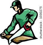 A vector illustration of a carpenter, chopping wood with a saw.